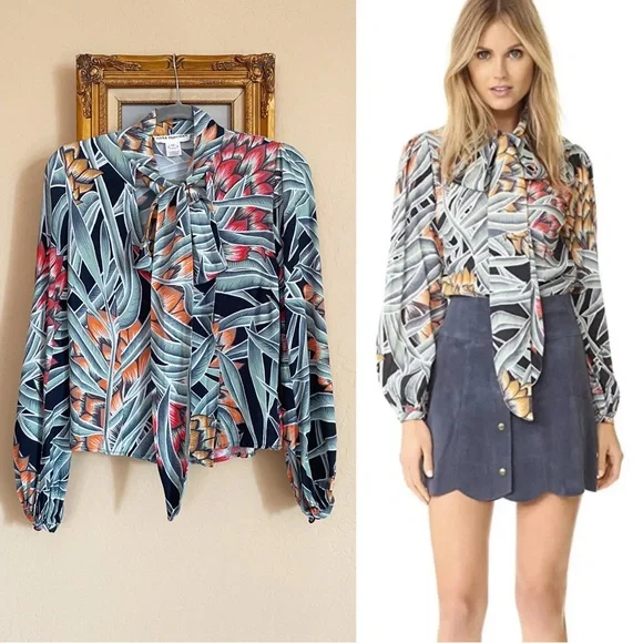 REVOLVE MARA HOFFMAN Black Green Red Tropical Print Tie Neck Deep V Blouse Top - Picture 12 of 15